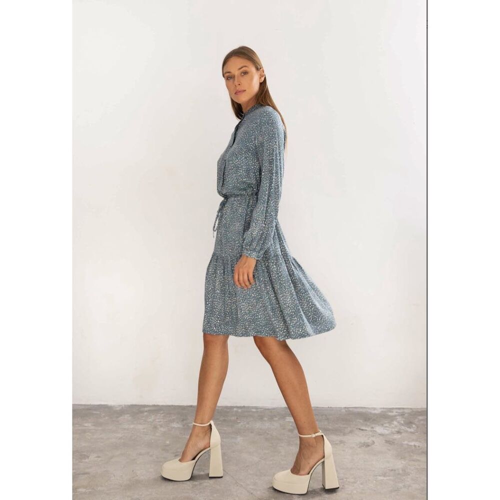 Atella Blue Floral Tiered Midi Dress long sleeve Womens XL Prairie Cottagecore